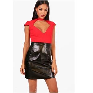 Boohoo Red Choker Neck Bodysuit NWOT